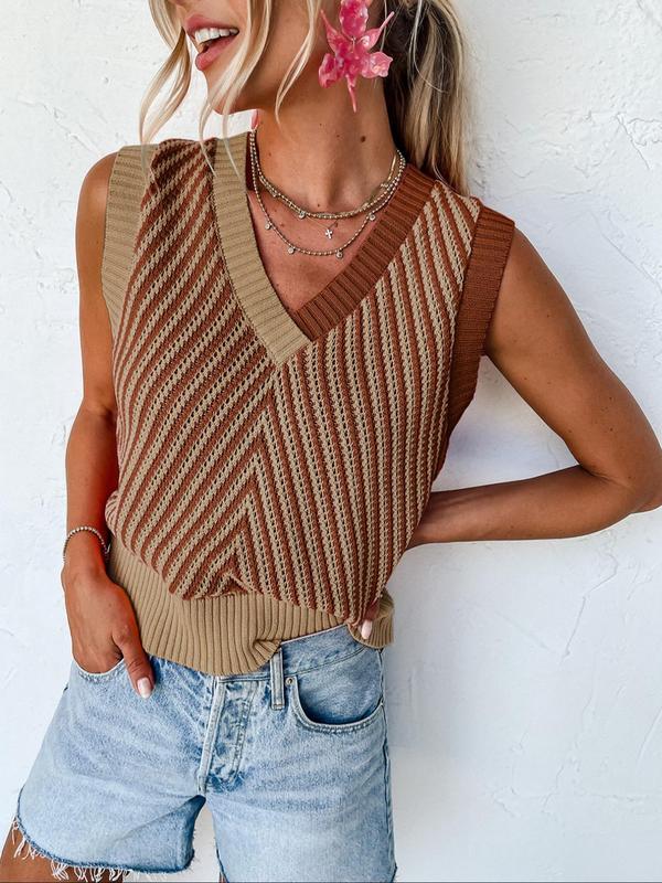 Women's Colorblock V Neck Sweater Vest, Casual Sleeveless Knit Top for Summer, Fashion Women's Knitwear for Daily Wear
