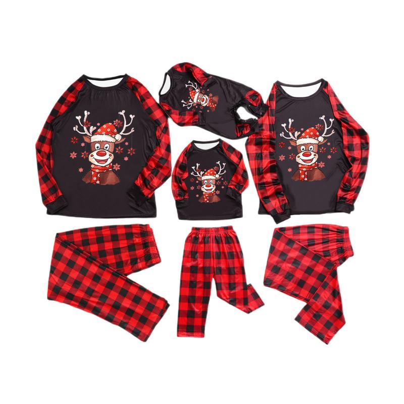 Matching Family Christmas Pajamas, Long Sleeve Cartoon Reindeer Tops Plaid Pants Set Sleepwear Homewear