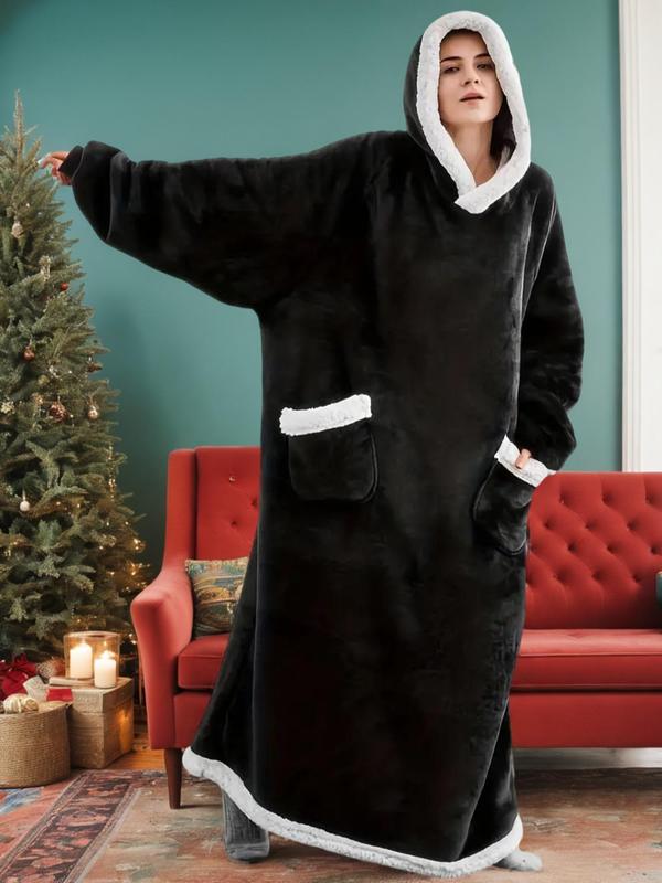 Women's Solid Raglan Sleeve Hooded Lounge Robe, Casual Oversized Loungewear, Long Sleeve Pocket Design Warm Robe for Fall & Winter, Women's Sleepwear for Indoor Wear