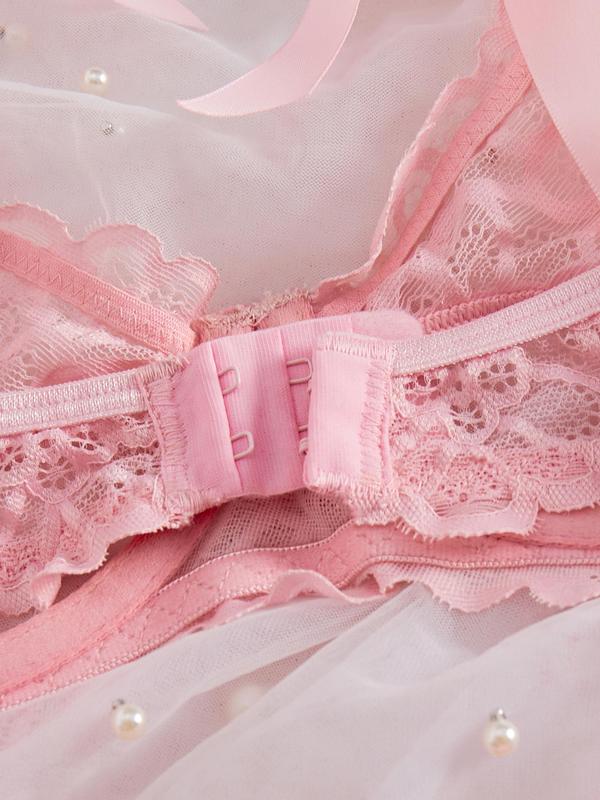 Women's Cut Out Sheer Floral Lace Bra & Thong Sexy Lingerie Two-piece Set, Solid Color Tie Shoulder Push Up Bra & Tie Side  Panty, Women's Lingerie & Underwear Set for All Seasons