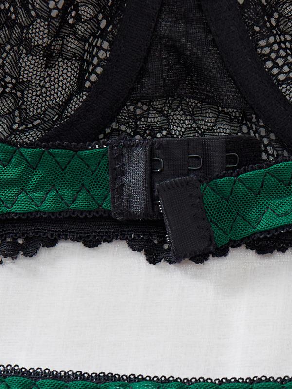 Women's Colorblock Lace Bra & Sheer Thong with Leg Rings Design Sexy Lingerie Two-piece Set, Adjustable Strap Push Up Bra & Panty, Sexy Lingerie Set for Women