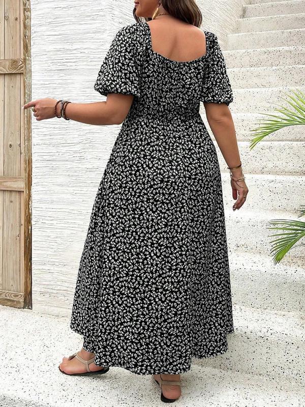  Ditsy Floral Print Split Thigh Shortsleeve Vintage Dress, Dresses for Women, Casual Comfort Boho Puff Sleeve Tie Front Dress for Fall, Women Plus Clothing for Fall Daily Casual Wear, Womenswear
