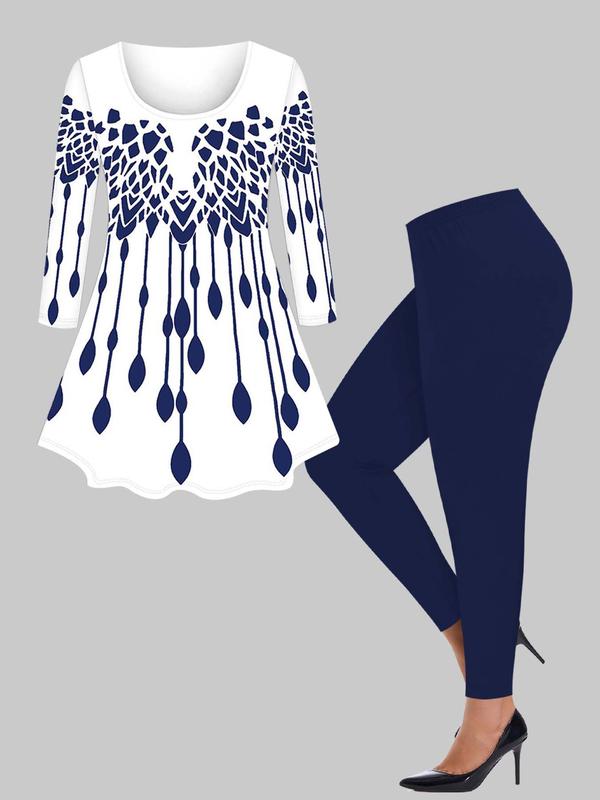  Two-piece Set All Over Print Tee & Plain Leggings Set, Casual Round Neck Long Sleeve Top & Elastic Waist Skinny Pants for Daily Wear, Women's 2 Piece Sets, Women's Plus Outfits for All Seasons