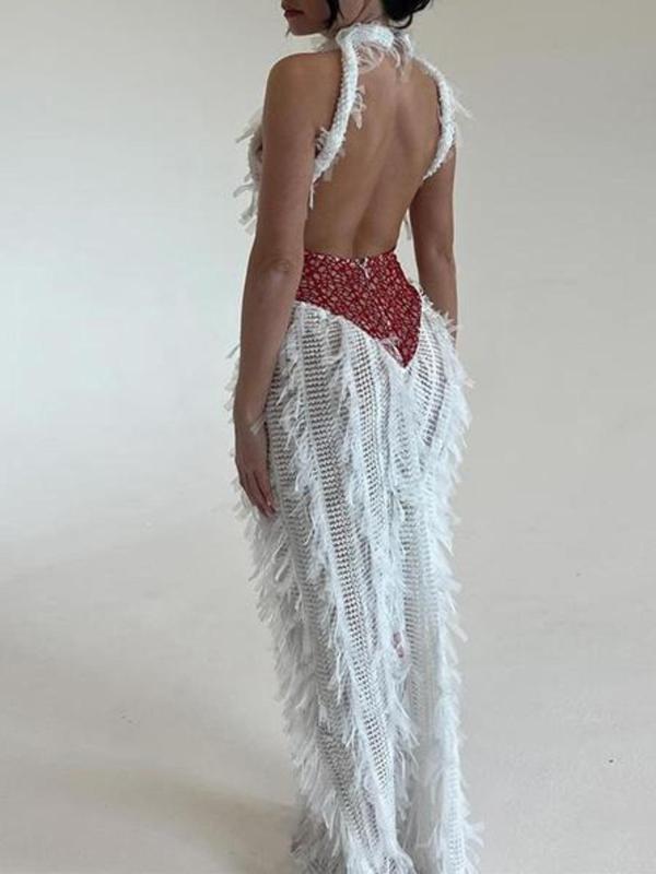 Women's Patchwork Backless Halter Bodycon Dress, Fashion Hollow Out Tassel Long Dress for Party Club Dating Wear, Women Dress for Summer