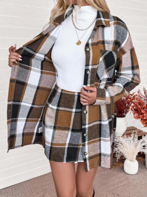 Women's Plaid Print Button Front Pocket Coat & Skirt Two-piece Set, Casual Drop Shoulder Long Sleeve Top & Short Skirt for Daily Wear, Ladies Fall & Winter Clothes
