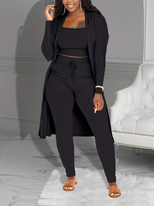 Three-Piece Set Solid Ribbed Square Neck Crop Top & Drawstring Waist Pants & Open Front Outerwear Set, Elegant Cozy 3 Counts Outfits for Daily Wear, Ladies Co-ord Sets