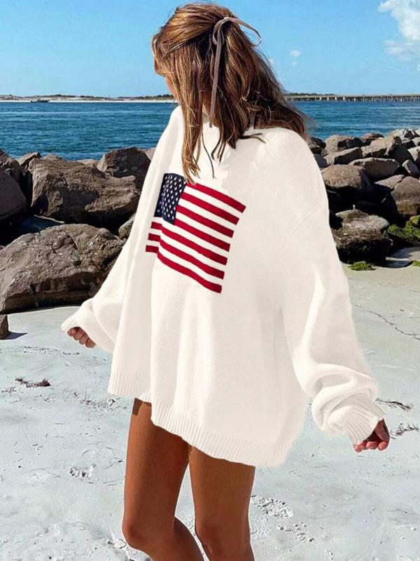Women's Graphic Print Drop Shoulder Long Sleeve 4th Of July Sweater, Fashion Casual Vintage Crewnecks Jumper for Spring & Fall, Summer Outfits, Women's Vintage Clothing Knitwear for Daily Wear