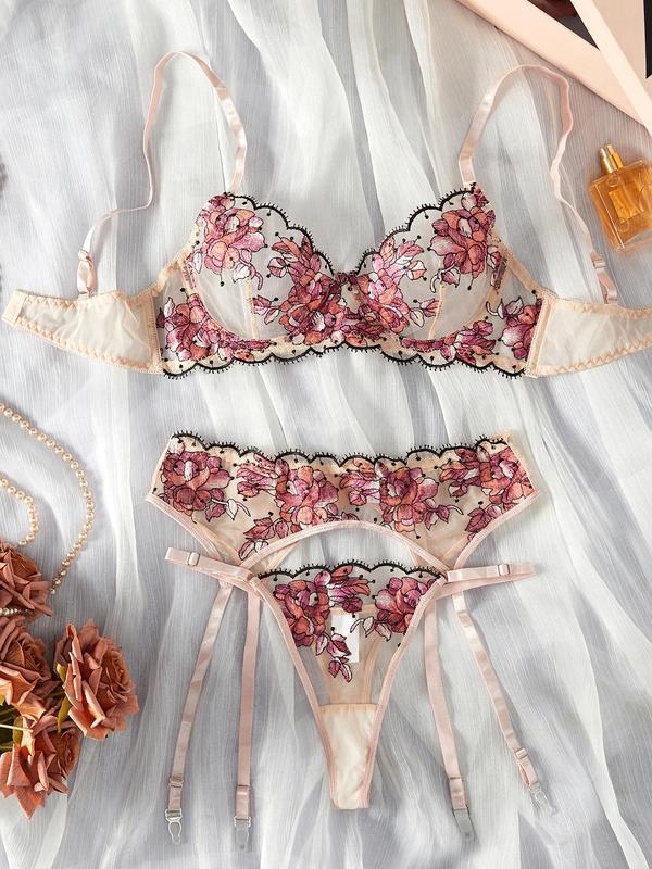 Women's Floral Embroidery Bra & Thong & Garter Belt Three-Piece Set, Sexy Comfy Breathable Lingerie Set for Daily Wear, Women's Lingerie & Underwear for All Seasons