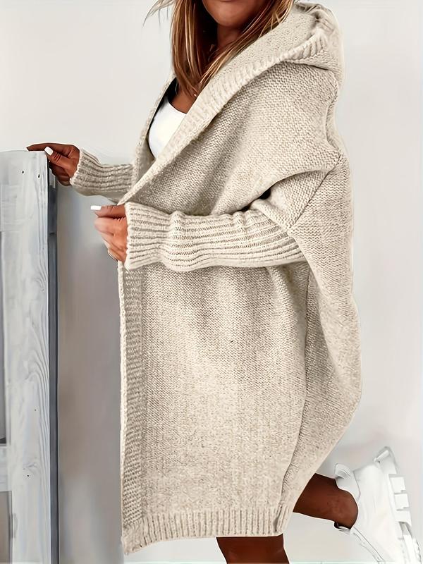 [Faith Devine Exclusive] Solid Drop Shoulder Top Stitching Hooded Cardigan, Casual Long Sleeve Open Front Knitwear for Fall & Winter, Women's Clothing for Daily Wear, Downtown Girl Clothes