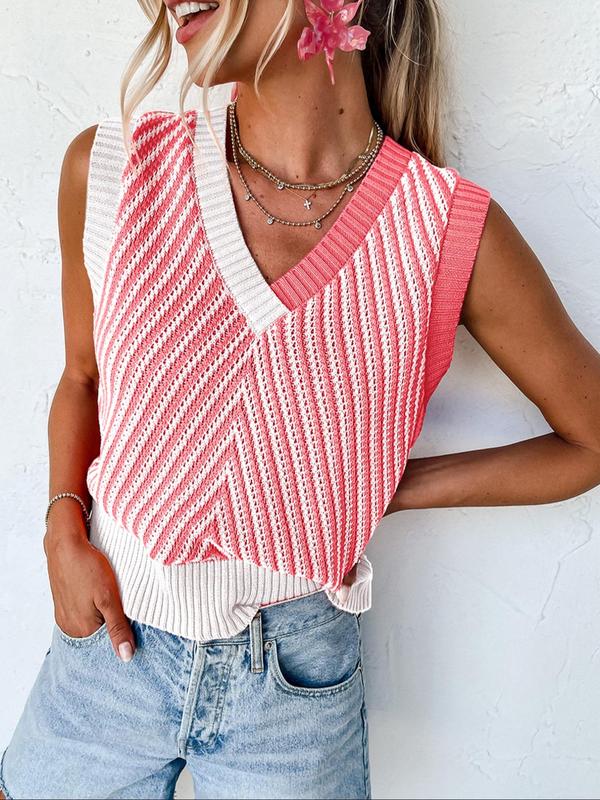 Women's Colorblock V Neck Sweater Vest, Casual Sleeveless Knit Top for Summer, Fashion Women's Knitwear for Daily Wear