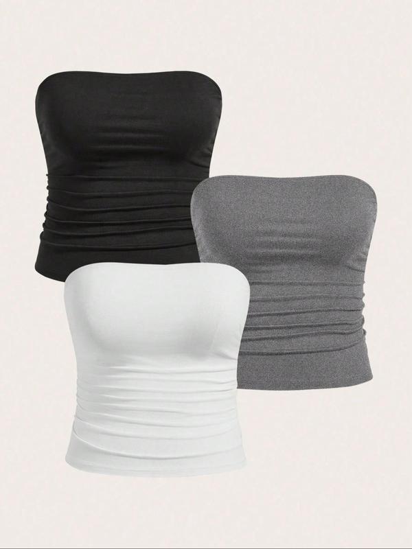  Solid Ruched Tube Top, Casual Comfy Breathable Strapless Top for Daily Wear, Women's Clothing for All Seasons