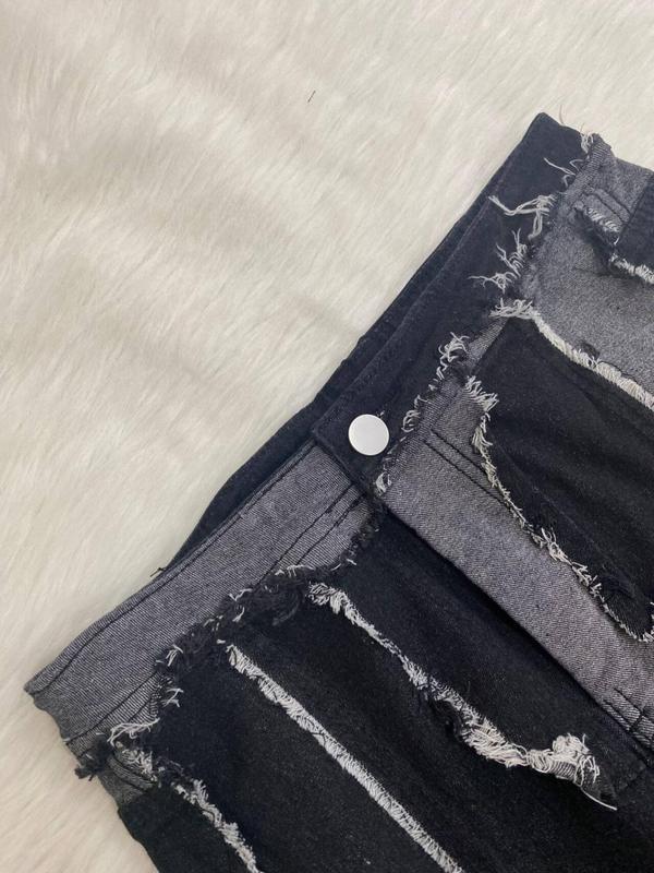 Women's Patchwork Raw Trim Straight Leg Pants, Street Fashion Casual Pocket Button Fly Trousers for Daily Wear,  Pants for Women, Ladies Bottoms for All Seasons