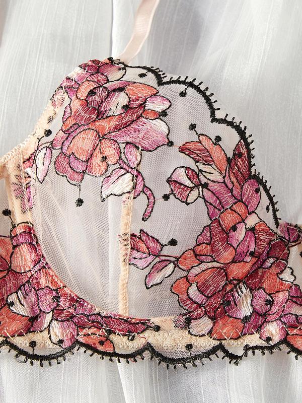 Women's Floral Embroidery Bra & Thong & Garter Belt Three-Piece Set, Sexy Comfy Breathable Lingerie Set for Daily Wear, Women's Lingerie & Underwear for All Seasons