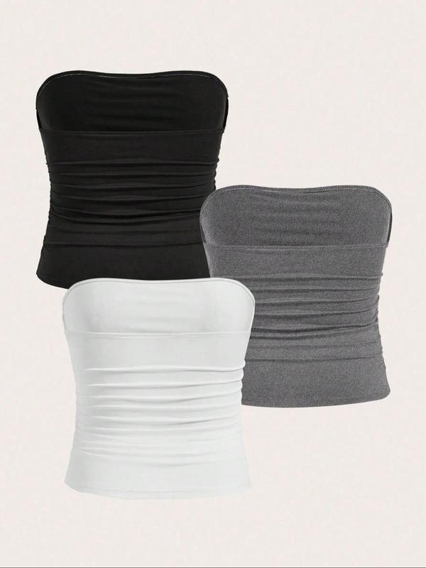  Solid Ruched Tube Top, Casual Comfy Breathable Strapless Top for Daily Wear, Women's Clothing for All Seasons
