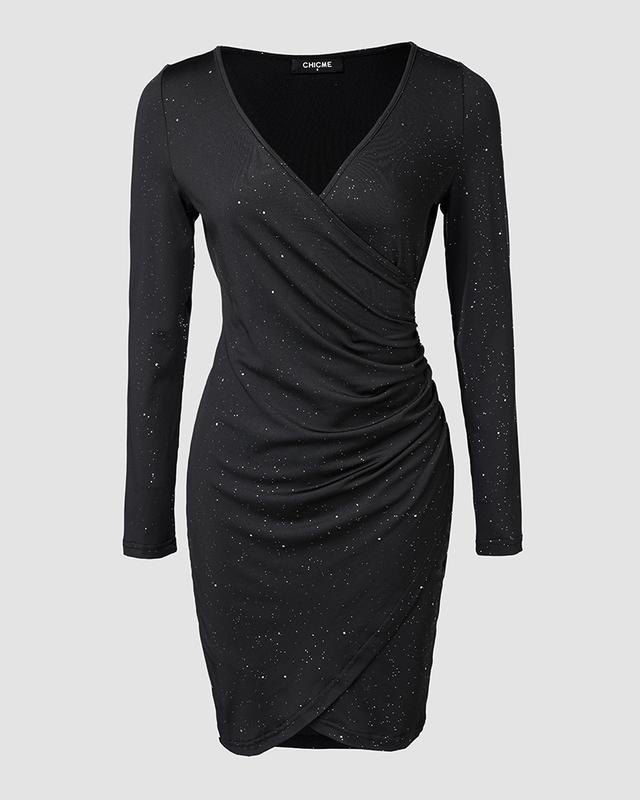 ChicMe Women's V Neck Long Sleeve Mini Wrap Bodycon Dress Glitter Ruched Cocktail Party Dresses Evening Fabric