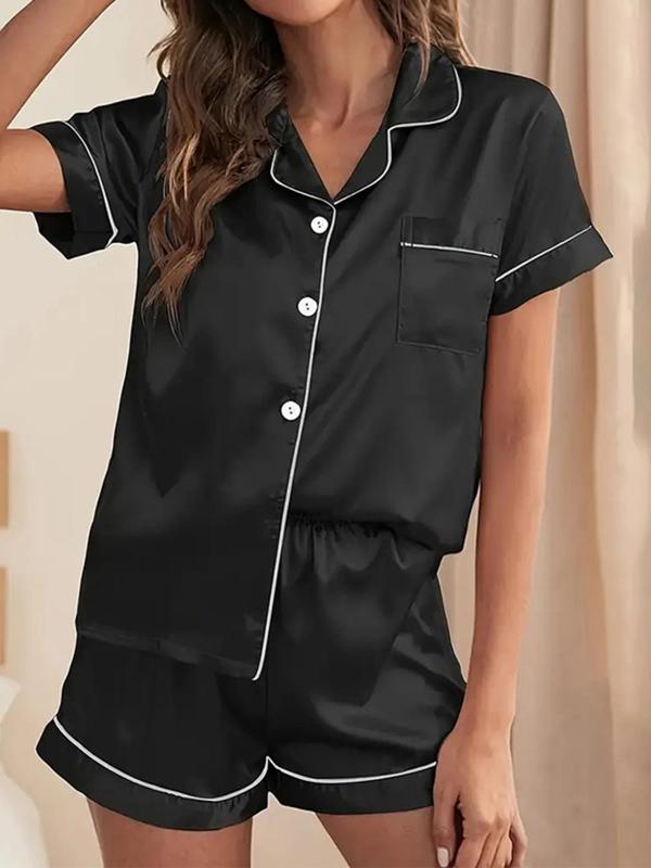 Women's Contrast Binding Lapel Pocket Shirt & Elastic Waist Shorts Satin Pyjama Set, Casual Short Sleeve Top & Shorts PJ Set, Women's Summer Sleepwear