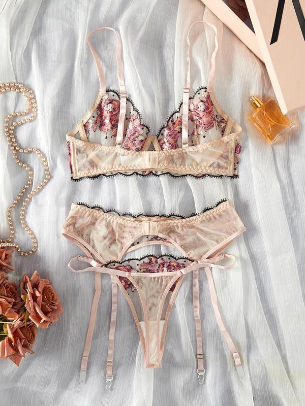 Women's Floral Embroidery Bra & Thong & Garter Belt Three-Piece Set, Sexy Comfy Breathable Lingerie Set for Daily Wear, Women's Lingerie & Underwear for All Seasons