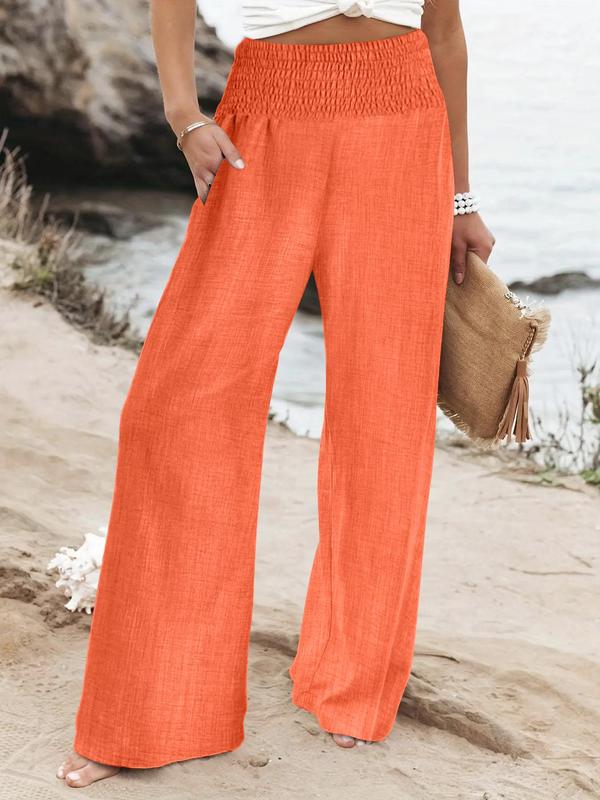 Women's Plain Shirred High Waist Wide Leg Pants, Fall Outfits, Casual Comfy Trousers for Daily Wear, Summer Outfits 2024, Summer Clothes, Ladies Summer Bottoms for All Seasons
