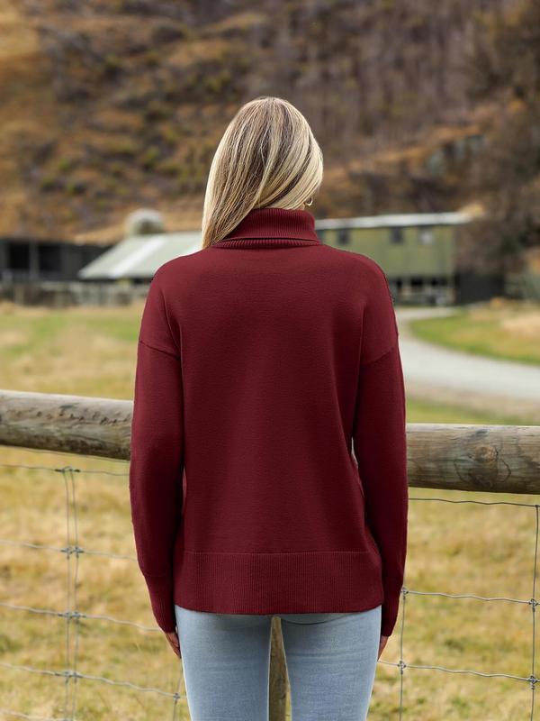Women's Solid Drop Shoulder Turtle Neck Sweater, Casual Long Sleeve Jumper for Fall & Winter, Fashion Ladies' Knitwear for Daily Wear