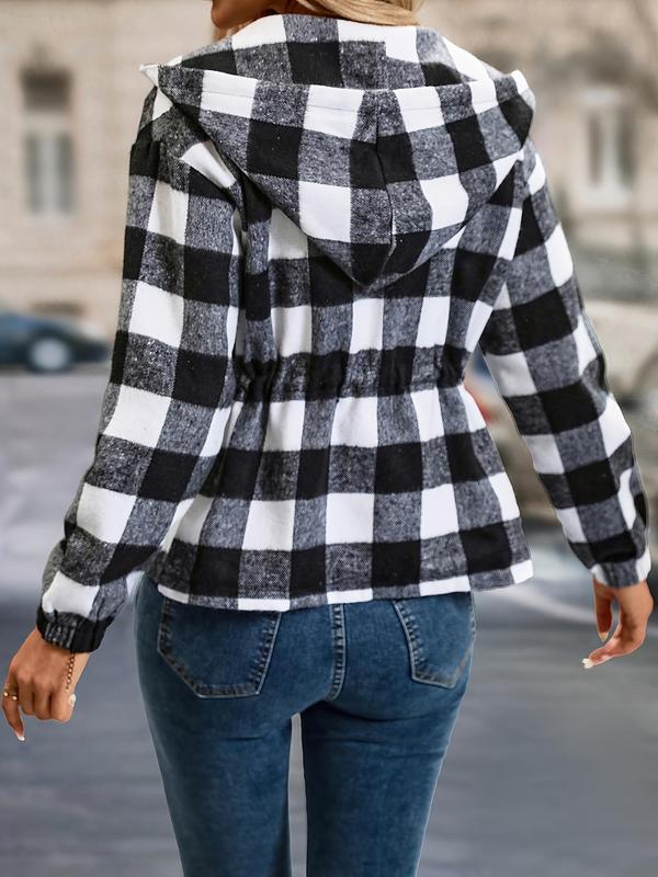 Women's Plaid Print Drawstring Zip Up Hooded Jacket, Elegant Casual Drop Shoulder Long Sleeve Outerwear for Spring & Fall, Ladies Clothes for Daily Wear