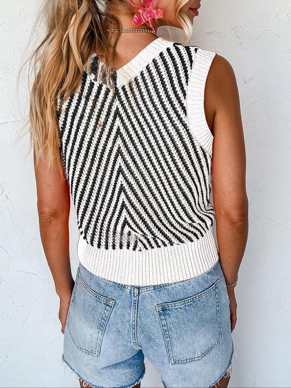 Women's Colorblock V Neck Sweater Vest, Casual Sleeveless Knit Top for Summer, Fashion Women's Knitwear for Daily Wear