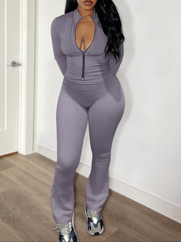 Women's Solid Pants Set, Casual Zip Up Crop Outerwear & Skinny Pants Set for Spring & Fall, Back To School Outfits, Two Piece Set Women, Women's Two-piece Outfits for Daily Wear, Womenswear, Fall Clothes
