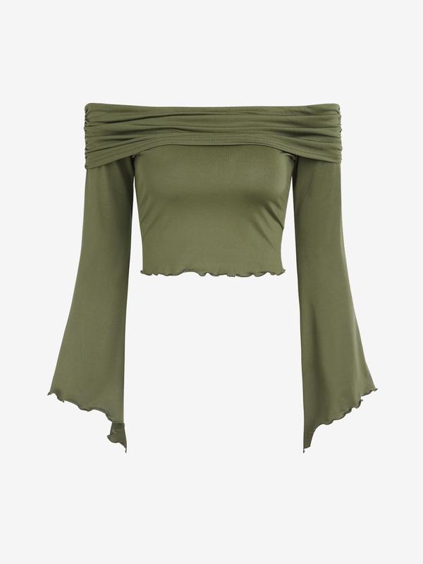 Women's Chic Off Shoulder Lettuce Trim Ruched Crop Tee, Grunge T-Shirt, Elegant Spring & Fall Fitted Short Top, Back To School T Shirts for Women, Comfort Basic Minimalist Longsleeves Clothes for Lady, Womenswear, Crop Tops for Women, Summer Tops for 2024