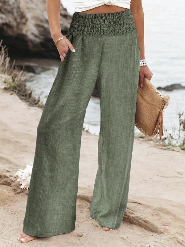 Women's Plain Shirred High Waist Wide Leg Pants, Fall Outfits, Casual Comfy Trousers for Daily Wear, Summer Outfits 2024, Summer Clothes, Ladies Summer Bottoms for All Seasons
