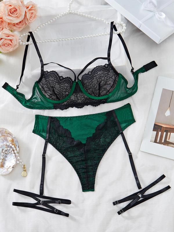 Women's Colorblock Lace Bra & Sheer Thong with Leg Rings Design Sexy Lingerie Two-piece Set, Adjustable Strap Push Up Bra & Panty, Sexy Lingerie Set for Women