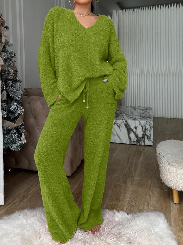 Two-piece Set Women's Solid Color Drop Shoulder Split Hem Top & Drawstring Waist Pants Plush Pajama, Casual Comfy Long Sleeve V Neck Top & Trousers Pj Set, Women's Sleepwear for Fall & Winter