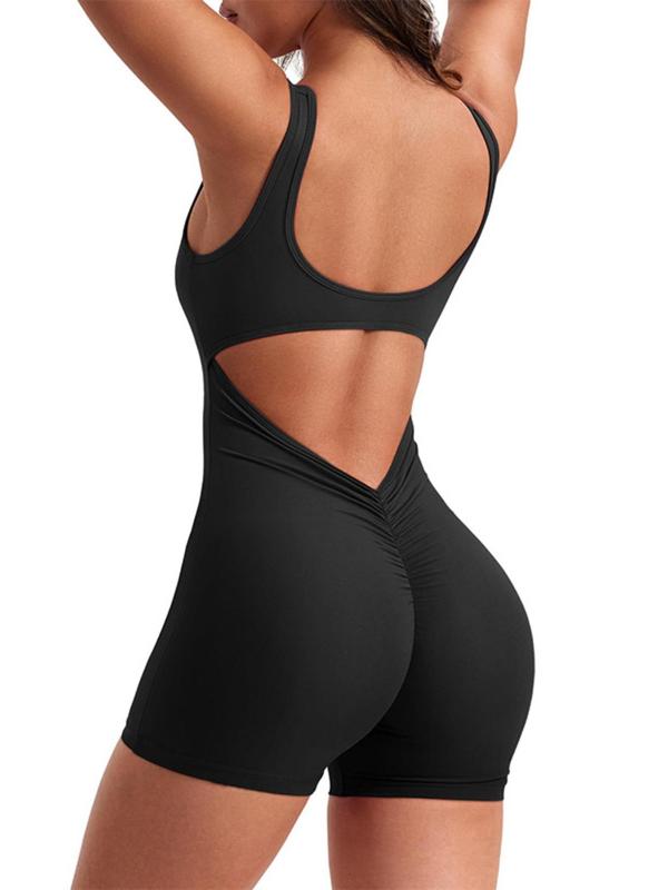 Women's Plain Ruched Backless Short Romper, Street Fashion Casual Scoop Neck Sleeveless Romper for Daily Wear, Women Clothing for Summer