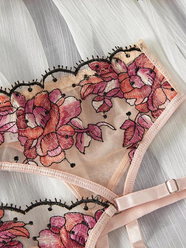 Women's Floral Embroidery Bra & Thong & Garter Belt Three-Piece Set, Sexy Comfy Breathable Lingerie Set for Daily Wear, Women's Lingerie & Underwear for All Seasons
