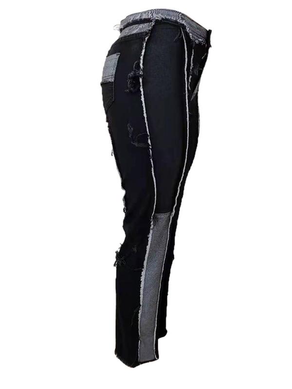 Women's Patchwork Raw Trim Straight Leg Pants, Street Fashion Casual Pocket Button Fly Trousers for Daily Wear,  Pants for Women, Ladies Bottoms for All Seasons