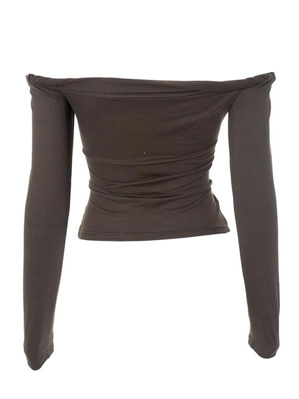 Women's Plain Twist Off Shoulder  Crop Tee, Casual Long Sleeve T-shirt for Fall & Winter, Women's Clothing for Daily Wear