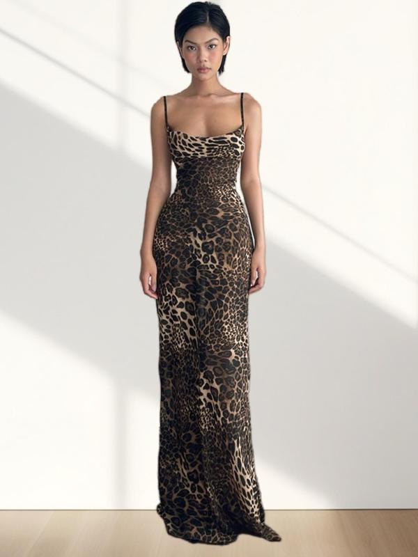 Women's Leopard Print Backless Draped Halter Mermaid Dress, Sexy Fashion Sleeveless Tie Back Maxi Dress for Party Club Dating Wear, Women Dress for Summer, Elegant Dresses 2024, Birthday Dresses 2024, Dresses for Women