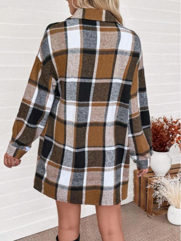 Women's Plaid Print Button Front Pocket Coat & Skirt Two-piece Set, Casual Drop Shoulder Long Sleeve Top & Short Skirt for Daily Wear, Ladies Fall & Winter Clothes