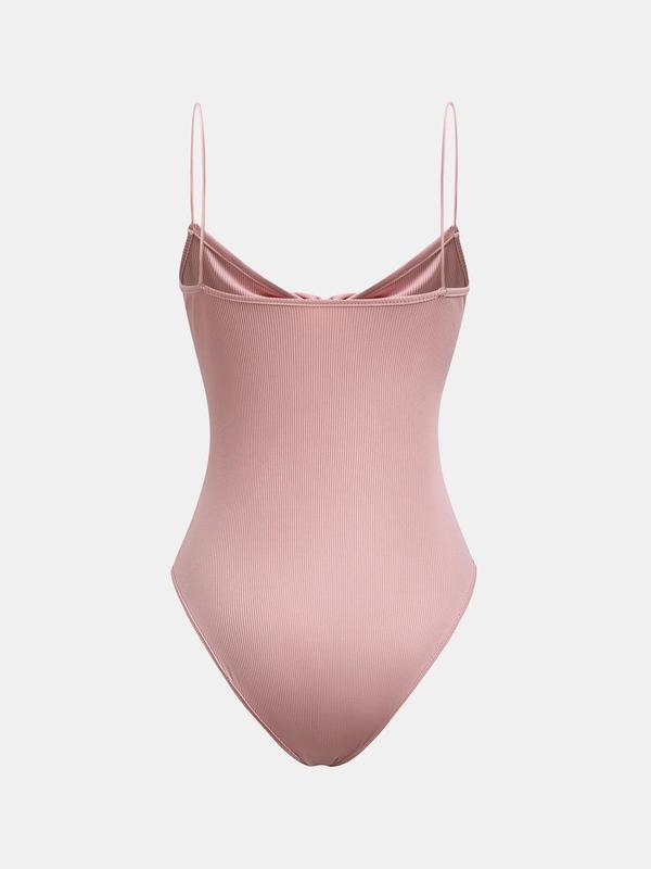 YOZY [4 colors] Twist Front Bodysuit, Casual Plain Ribbed Sleeveless Spaghetti Strap Button Cami Bodysuit, 2024 Women's Daily Wear for Spring & Summer