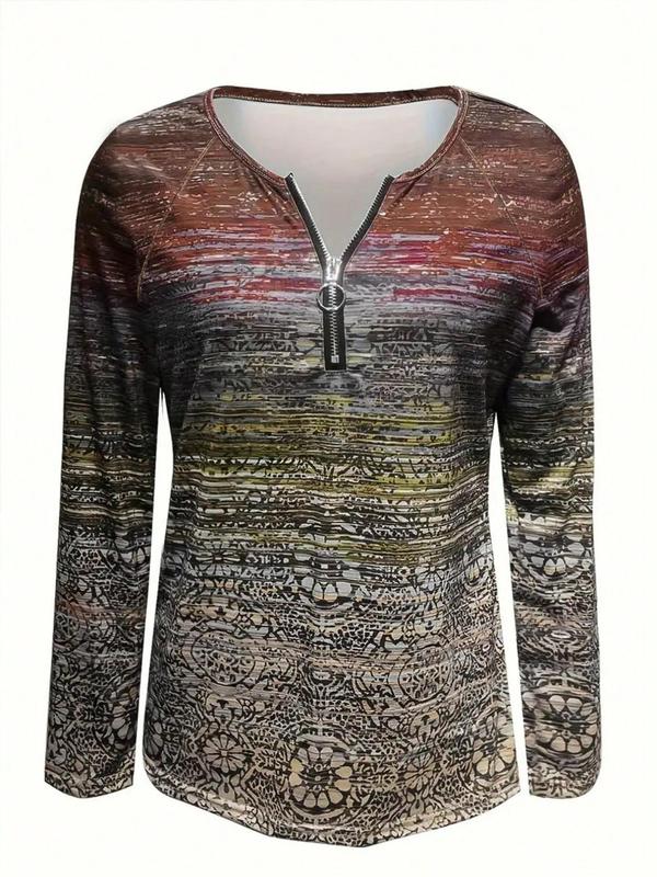 Women's Colorblock Striped Print Zipper Tee, Casual Long Sleeve Round Neck Top for Fall & Winter, Women's Clothes for Daily Wear
