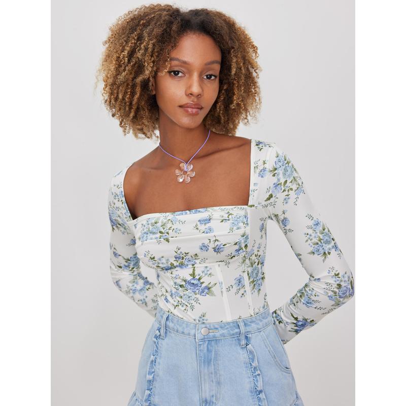 Cider [size 2-26] Santorini Beach Vacation Square Neck Floral Ruched Corset Bodysuit