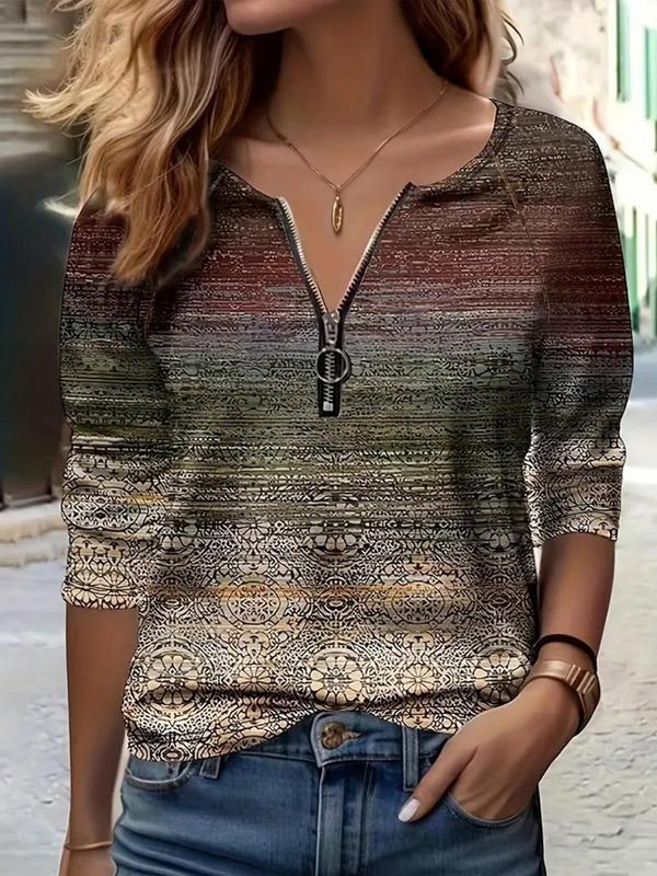 Women's Colorblock Striped Print Zipper Tee, Casual Long Sleeve Round Neck Top for Fall & Winter, Women's Clothes for Daily Wear