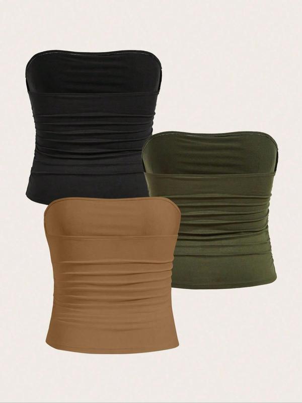  Solid Ruched Tube Top, Casual Comfy Breathable Strapless Top for Daily Wear, Women's Clothing for All Seasons