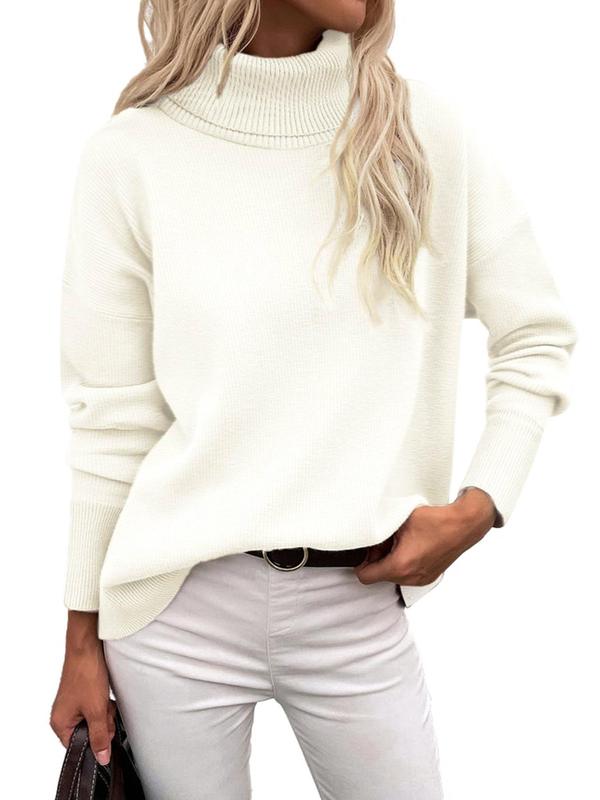 Women's Solid Drop Shoulder Turtle Neck Sweater, Casual Long Sleeve Jumper for Fall & Winter, Fashion Ladies' Knitwear for Daily Wear