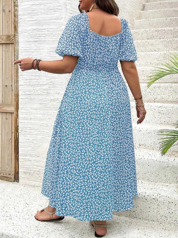  Ditsy Floral Print Split Thigh Shortsleeve Vintage Dress, Dresses for Women, Casual Comfort Boho Puff Sleeve Tie Front Dress for Fall, Women Plus Clothing for Fall Daily Casual Wear, Womenswear