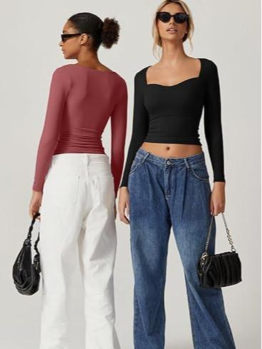 QINSEN Womens Sweetheart Neck Long Sleeve Basic Tops Slimming Fit Tee Shirt Trendy Crop Top