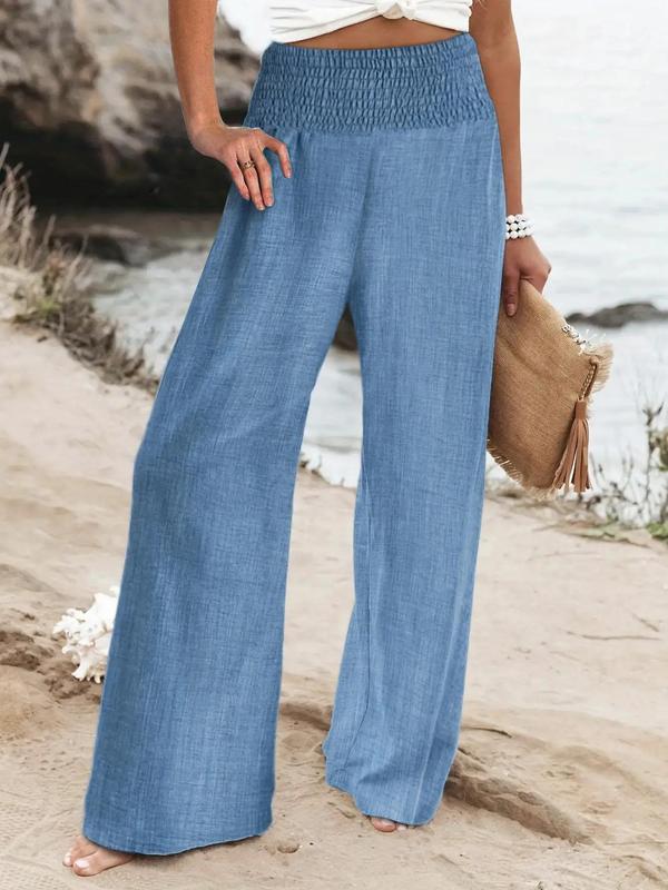 Women's Plain Shirred High Waist Wide Leg Pants, Fall Outfits, Casual Comfy Trousers for Daily Wear, Summer Outfits 2024, Summer Clothes, Ladies Summer Bottoms for All Seasons