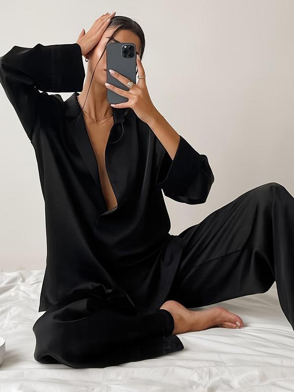 Two-piece Set Women's Solid Button Front Shirt & Elastic Waist Pants Satin Pyjama, Casual Comfy Lapel Neck Long Sleeve Top & Trousers Pj Set, Ladies Sleepwear for All Seasons