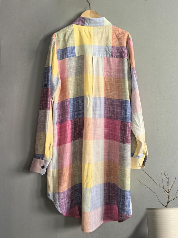 Women's Plaid Print Button Front Long Shirt, Casual Loose Collared Top for Spring & Fall, Women's Clothes for Daily Wear, Fall Clothes, Summer Clothes Women