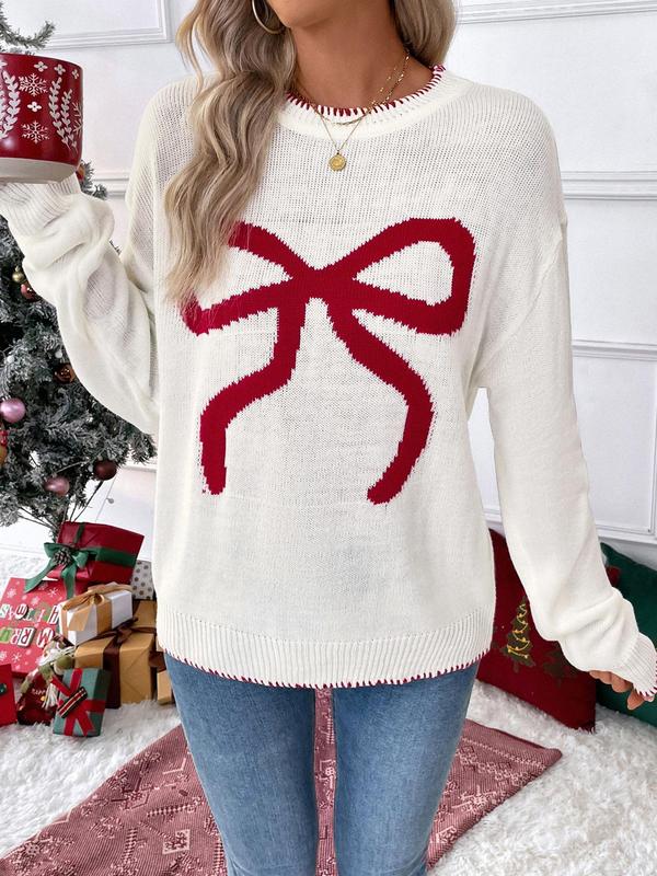 Women's Bow Print Drop Shoulder Sweater, Casual Long Sleeve Round Neck Jumper for Fall & Winter, Ladies' Knitwear for Christmas Daily Wear