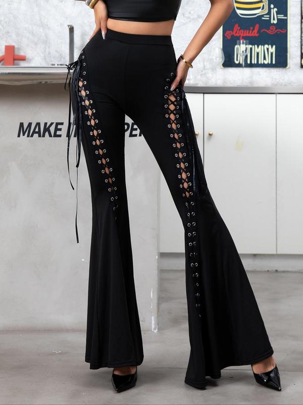 Women's Lace Up Tie Front Flare Leg Pants, Punk Fashion Casual High Waist Bell Bottom Trousers for Daily Outdoor Wear, Ladies Bottoms for All Seasons