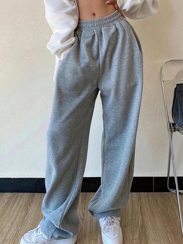 Women's Plain Elastic Waist Wide Leg Sweatpants, Casual Pocket Trousers for Spring & Fall, Women's Bottoms for Daily Wear